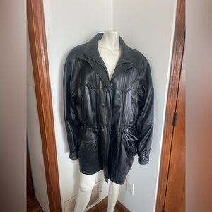 VINTAGE- UNISEX Black Leather Jacket - Adjustable Waist & Pockets